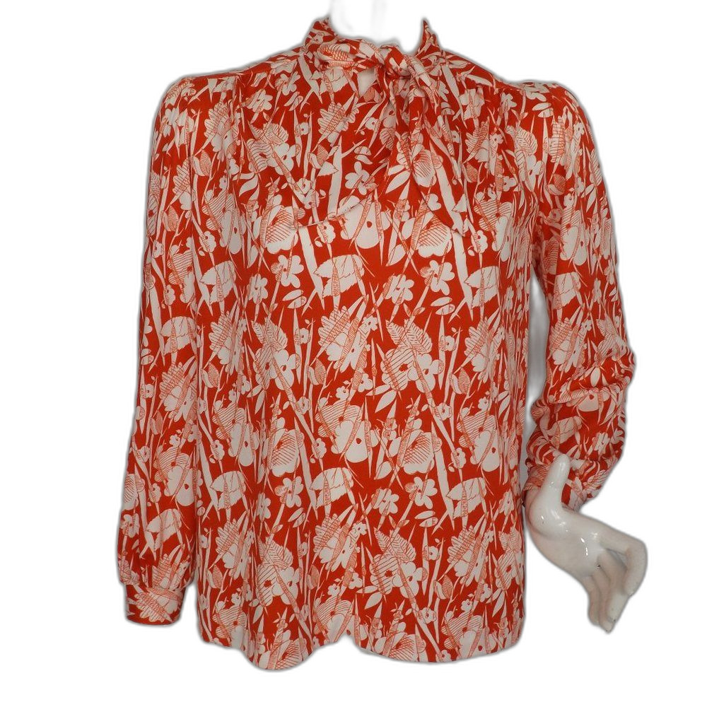 FIRE ISLANDER Vintage Blouse, M, Red-Orange/White, Sketched Floral, Long slvs